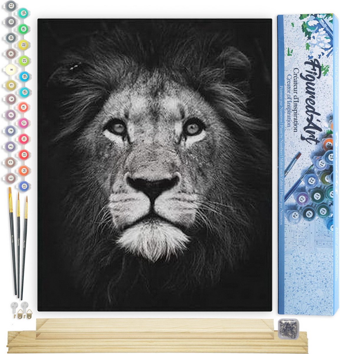 FiguredArt Schilderen op Nummer Volwassenen canvas Leeuwenkop zwart-wit - Handwerk acrylverf Kit DIY Compleet - 40x50cm met DIY houten lijst